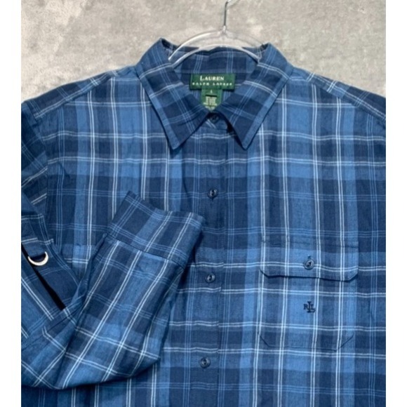 Lauren Ralph Lauren Linen Plaid Button Up Long Sleeve Shirt Size Large - Picture 1 of 8